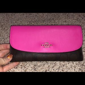 Dark brown neon pink coach wallet